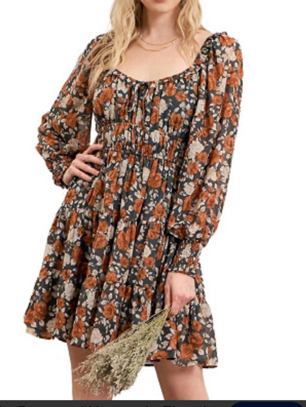 By the River Green and Rust Floral Long-Sleeve Mini Dress. Size Medium